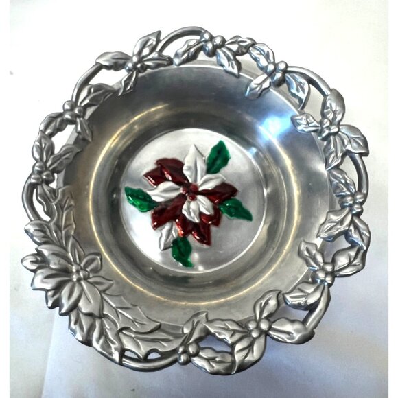 Vintage Pewter Bowl With Enamel Poinsettia Design & Leaf Motif - Picture 1 of 5